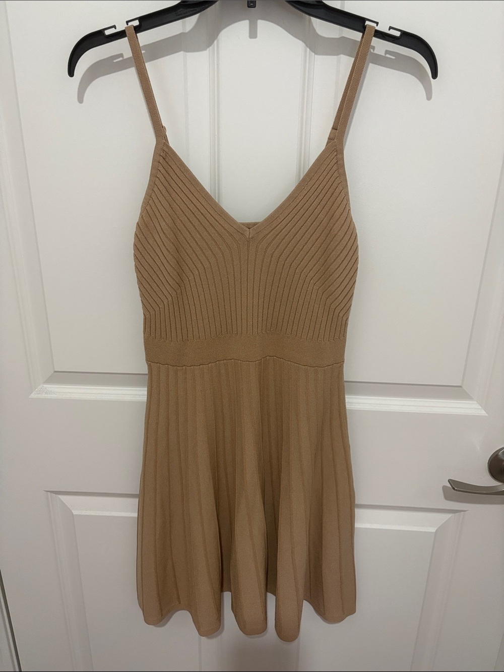 Express Ribbed V-Neck Mini Dress in Tan